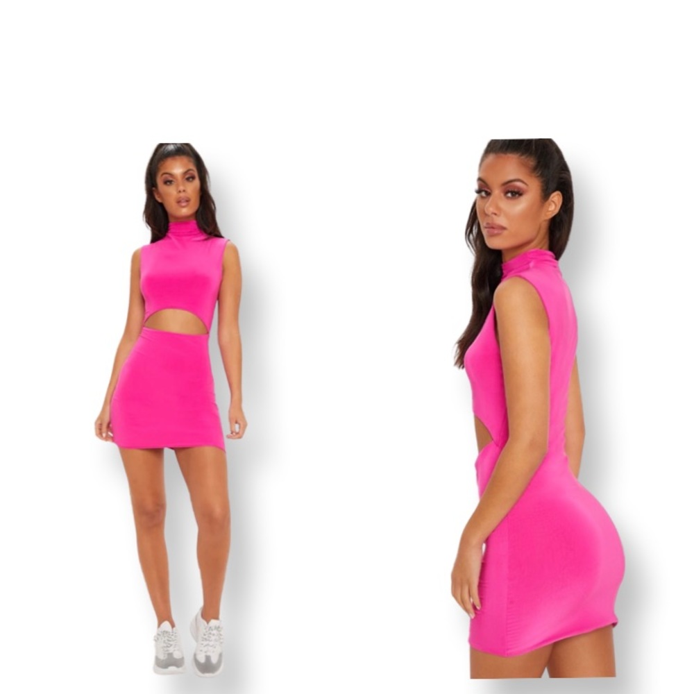 PrettyLittleThing HOT PINK HIGH NECK CUT OUT SLINKY BODYCON DRESS